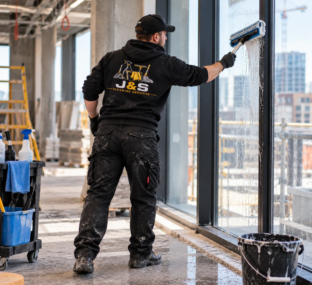 J&S cleaner washing windows in a Dublin property under construction