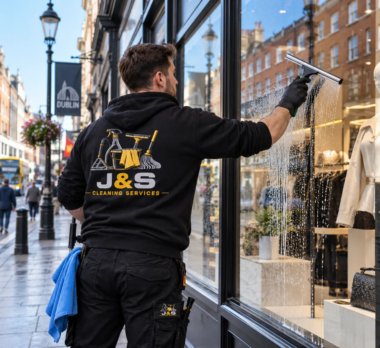 J&S cleaner using a squeegee to clean a shopfront window on a Dublin street