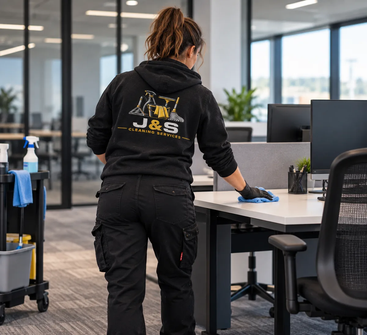 Professional cleaner working in a modern Dublin office
