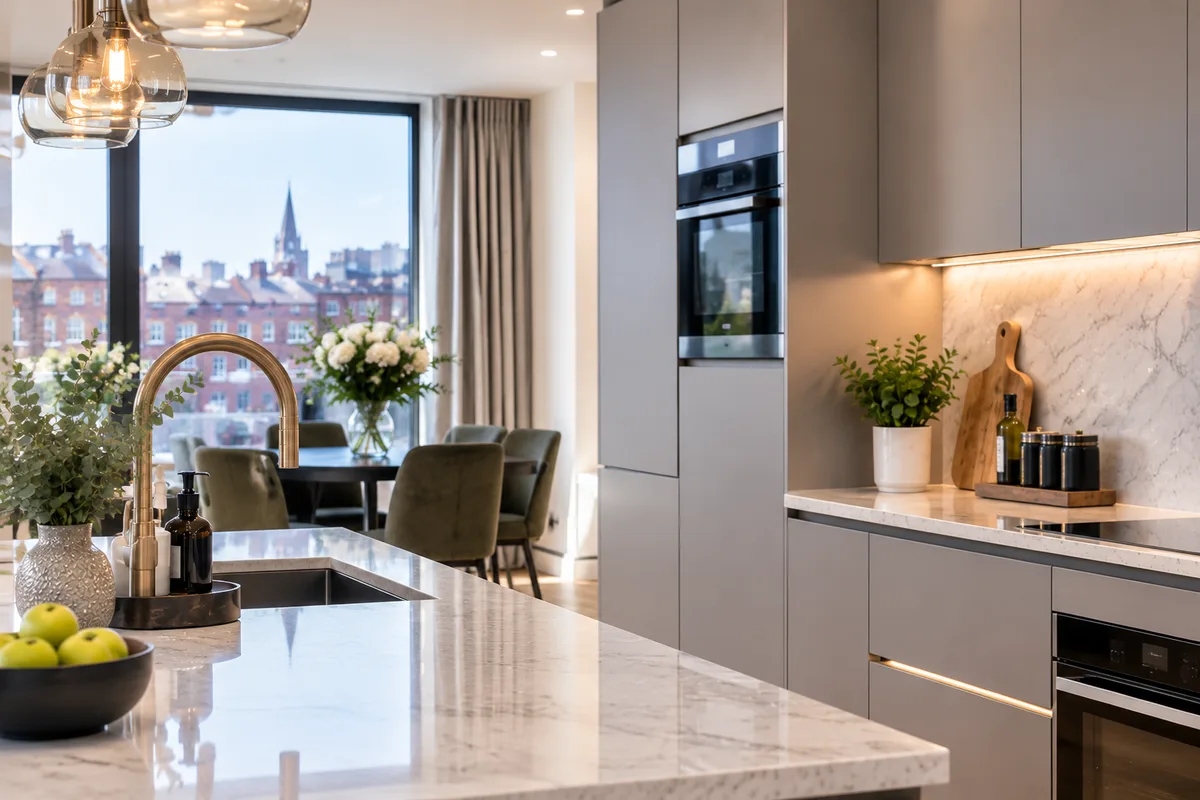Clean modern kitchen with an island, sink, built-in oven and grey cabinets