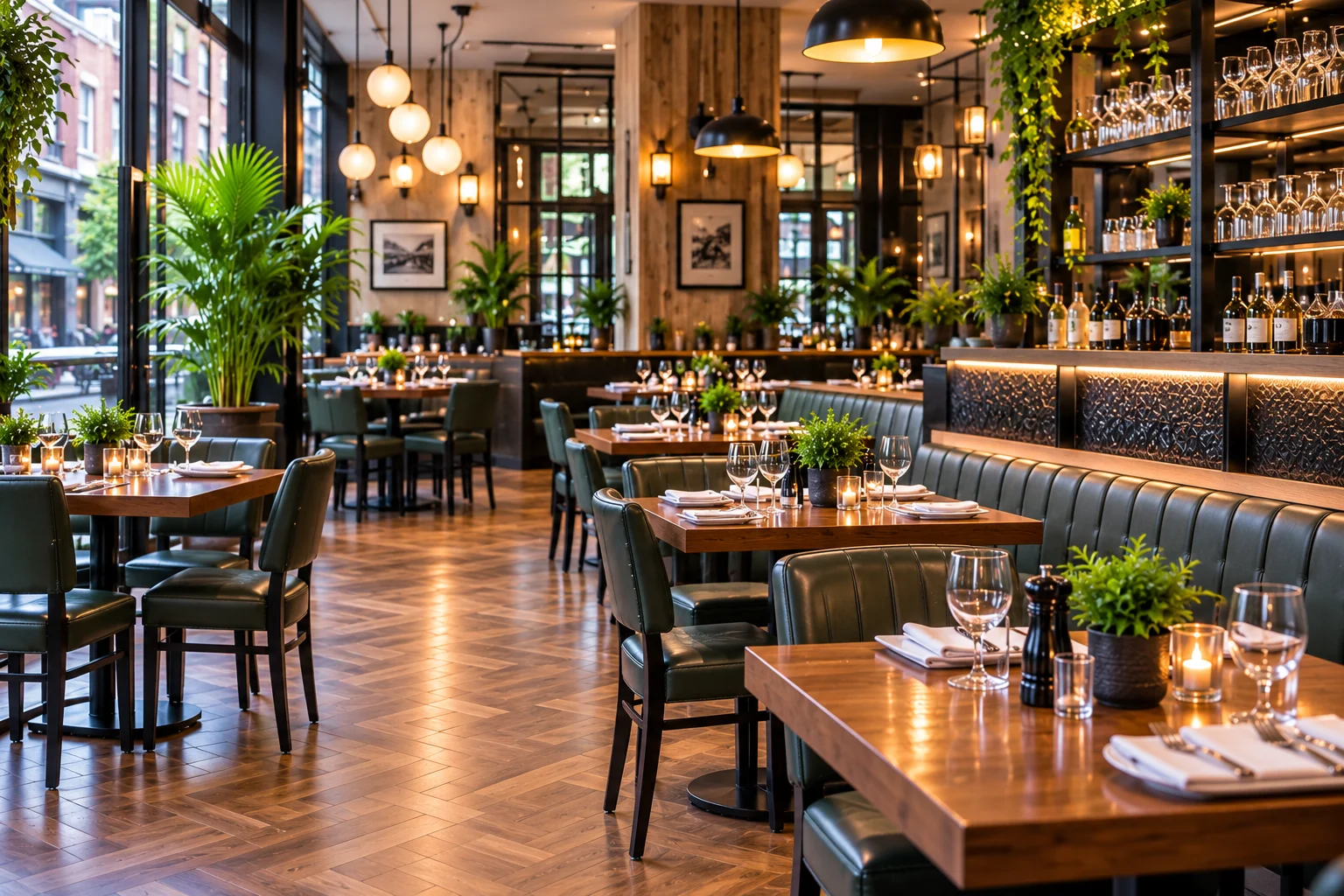 Restaurant dining area with set tables, upholstered seating, wooden floors and a bar