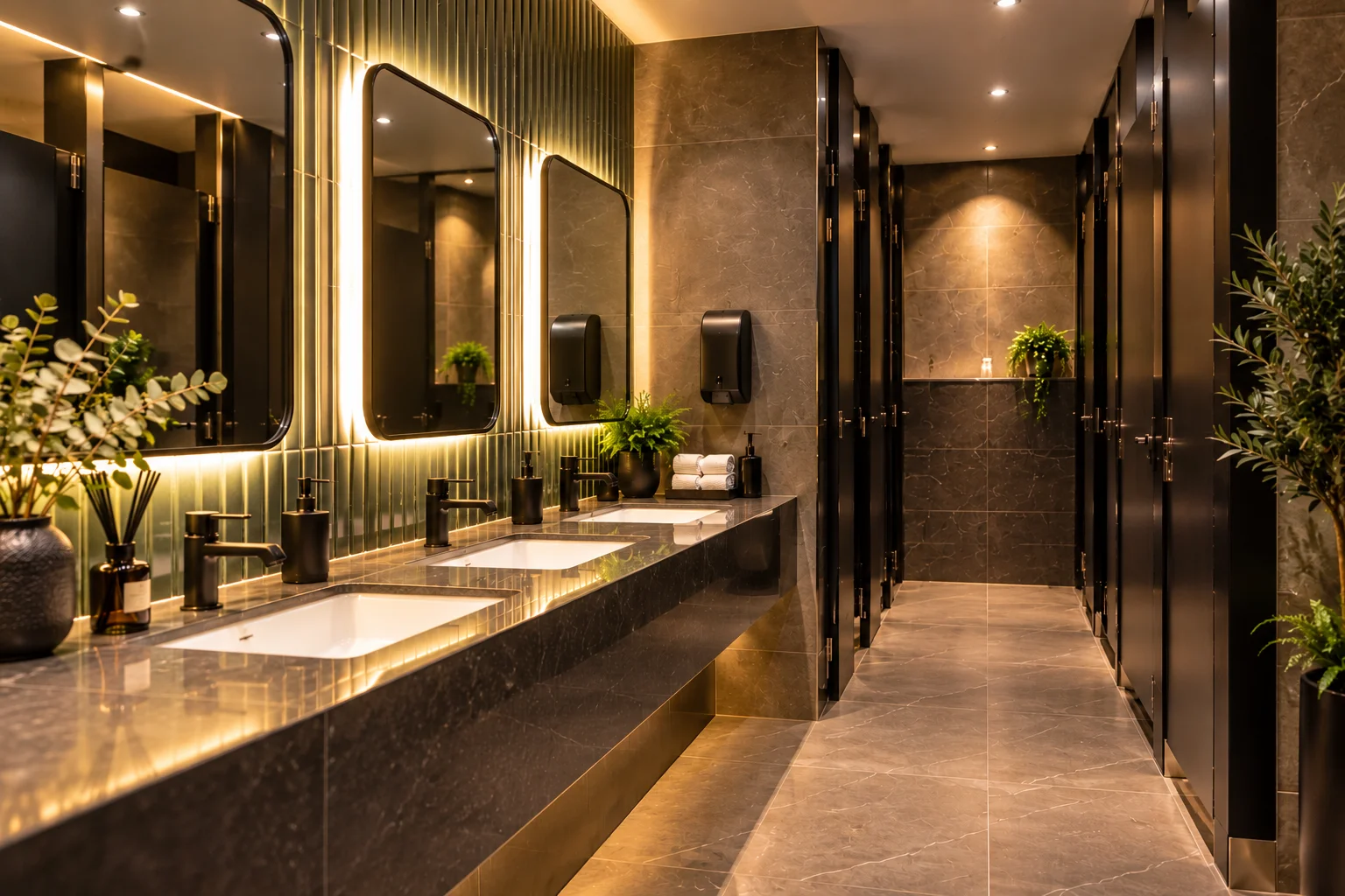 Restaurant washroom with illuminated mirrors, basins, soap dispensers and tiled surfaces