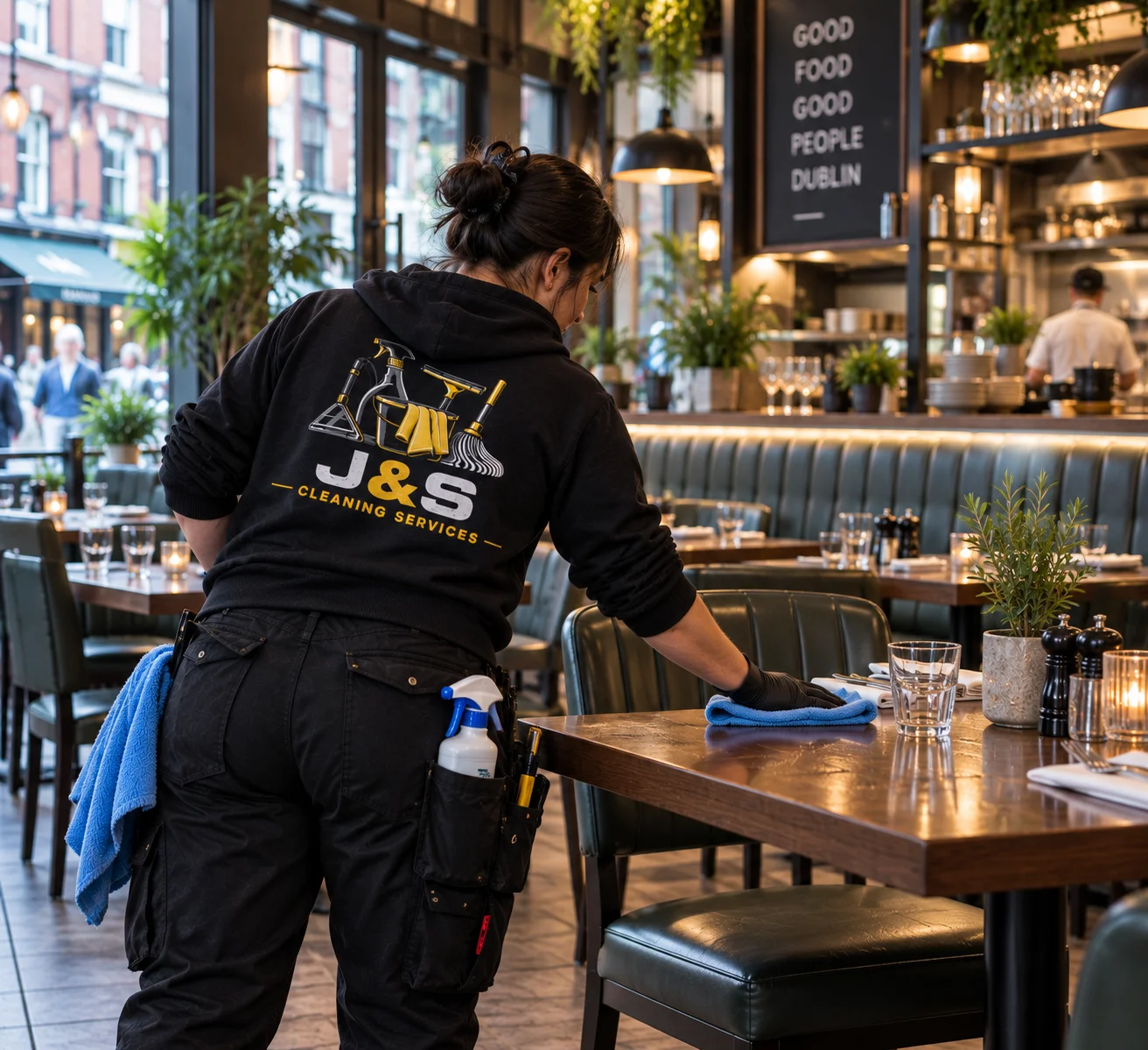 Cleaner wearing a J&S Cleaning Services uniform wiping a table in a café